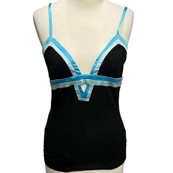 Bebe Y2K Cami Top M Black Blue Contrast Adjustable Straps Stretch Tank Retro USA - Picture 1 of 13